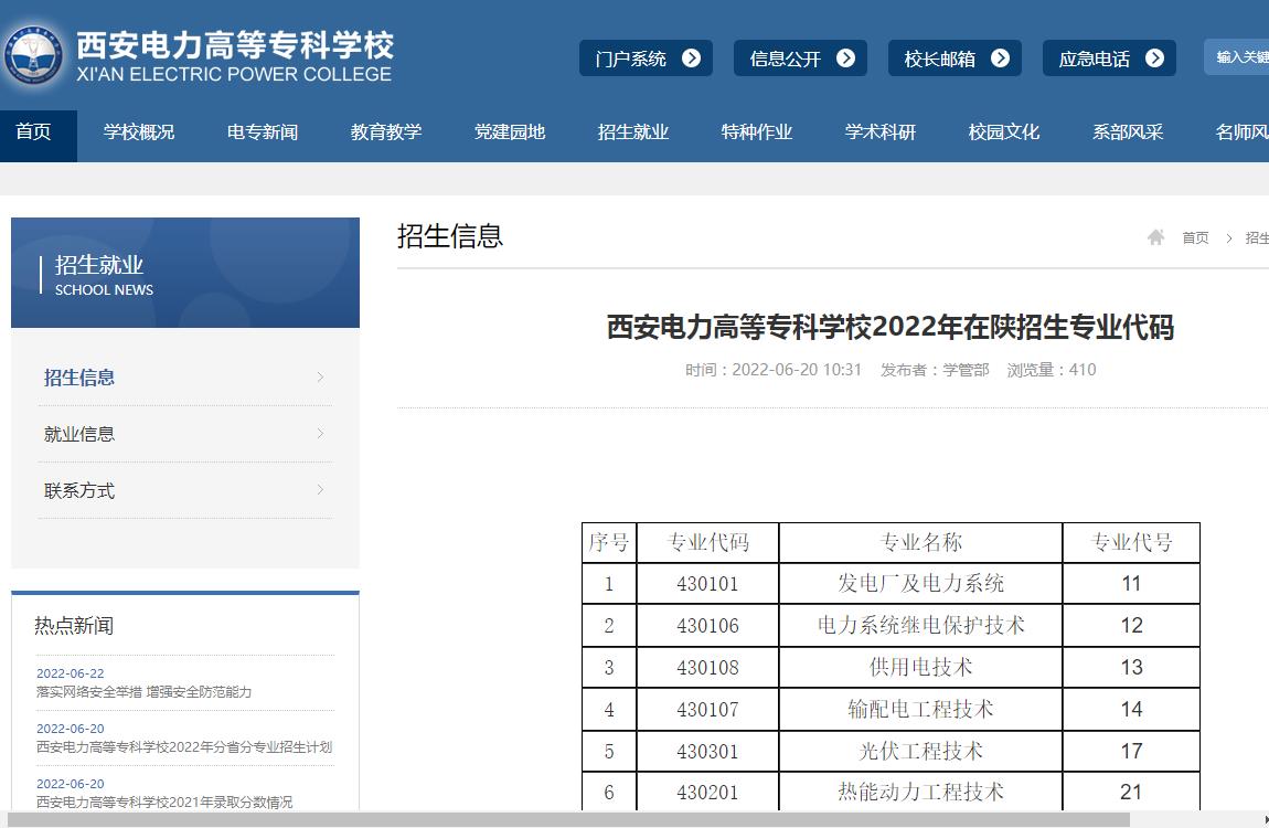 西安电力高等专科学校2022年在陕招生专业代码