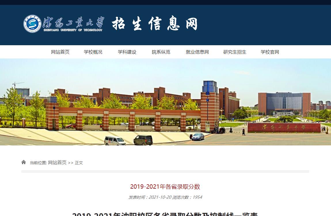 沈阳工业大学2019-2021年各省录取分数