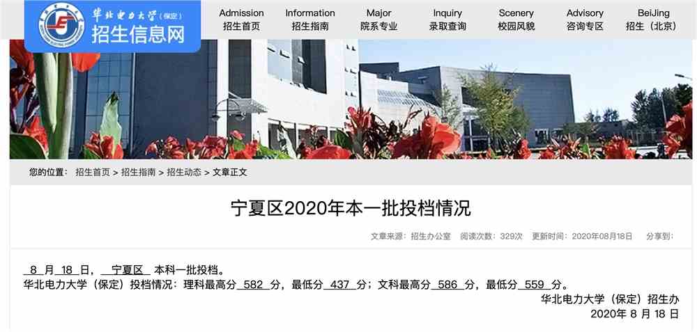 华北电力大学（保定）宁夏区2020年本一批投档情况