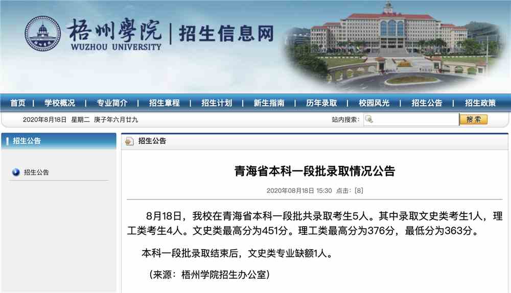 梧州学院2020高考青海省本科一段批录取查询及录取分数
