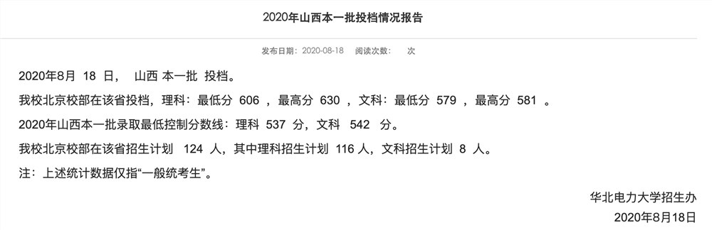 华北电力大学2020年山西本一批投档情况报告