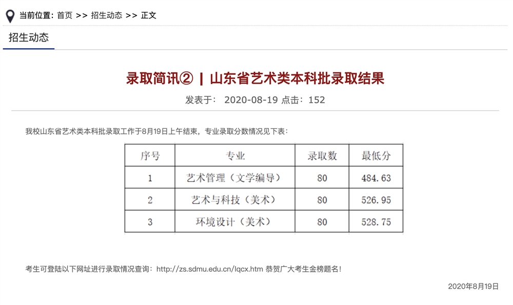 山东管理学院2020高考山东省艺术类本科批录取结果