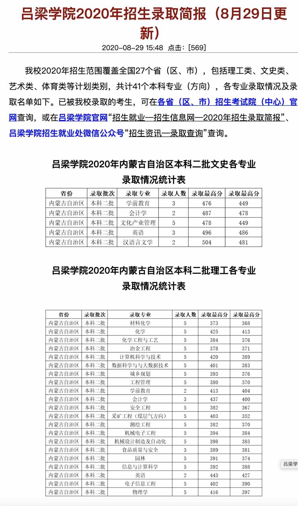 吕梁学院2020年招生录取简报（8月29日更新）