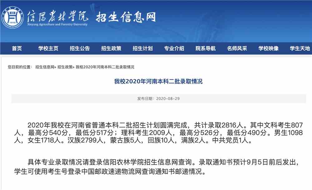 信阳农林学院2020年河南本科二批录取情况