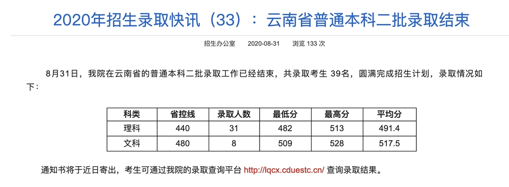 电子科技大学成都学院2020年招生云南省普通本科二批录取查询