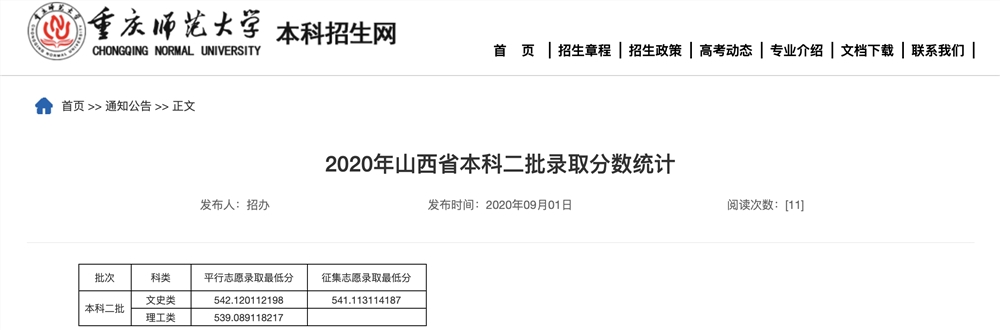 重庆师范大学2020年山西省本科二批录取分数统计