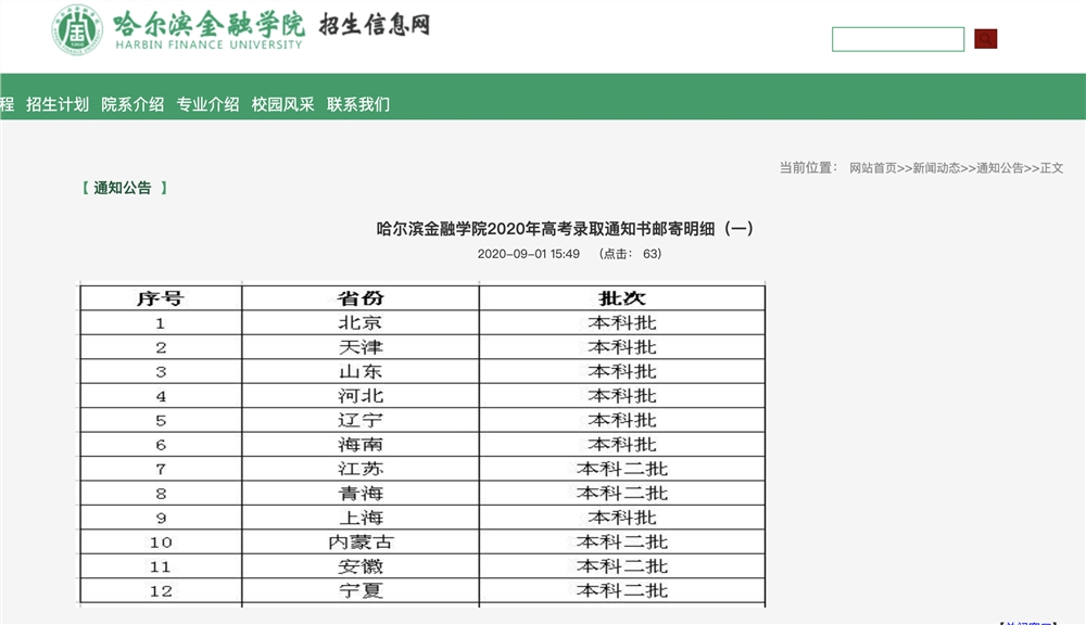 哈尔滨金融学院2020年高考录取通知书邮寄明细