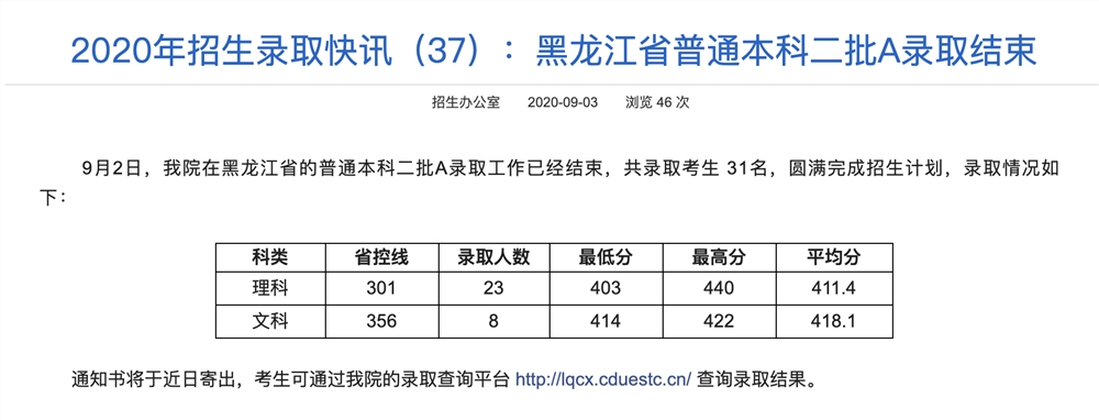 电子科技大学成都学院2020年招生黑龙江省普通本科二批A录取分数