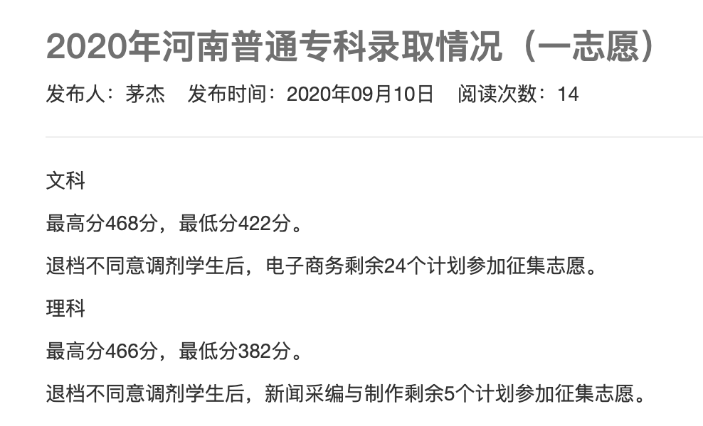 安阳工学院20202020年河南普通专科录取情况（一志愿）