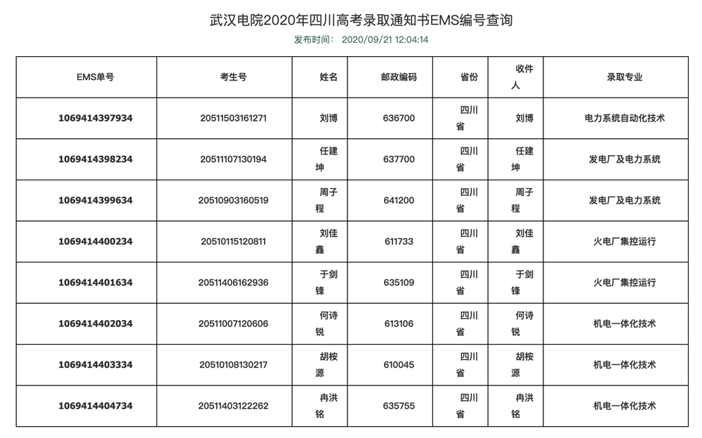 武汉电力职业技术学院2020年四川高考录取通知书EMS编号查询