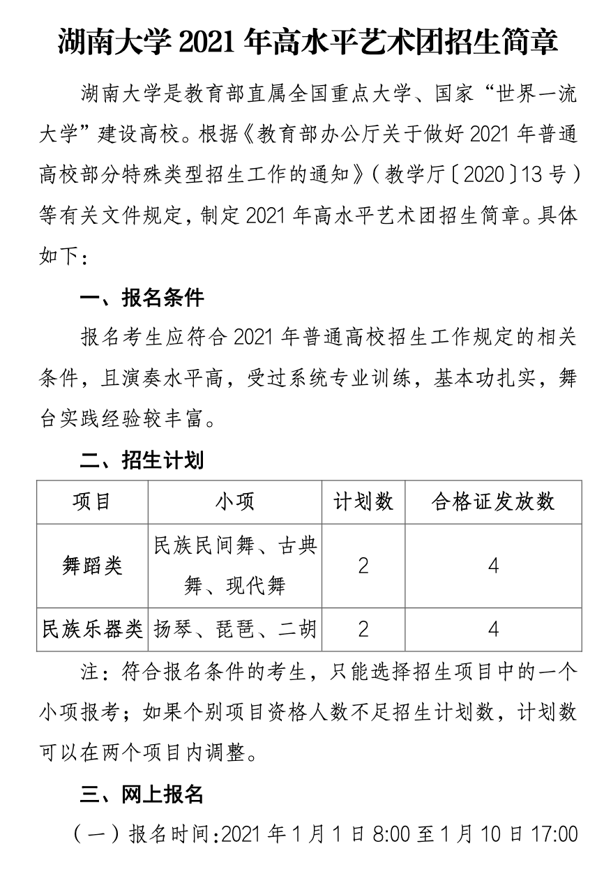 湖南大学2021年高水平艺术团招生简章