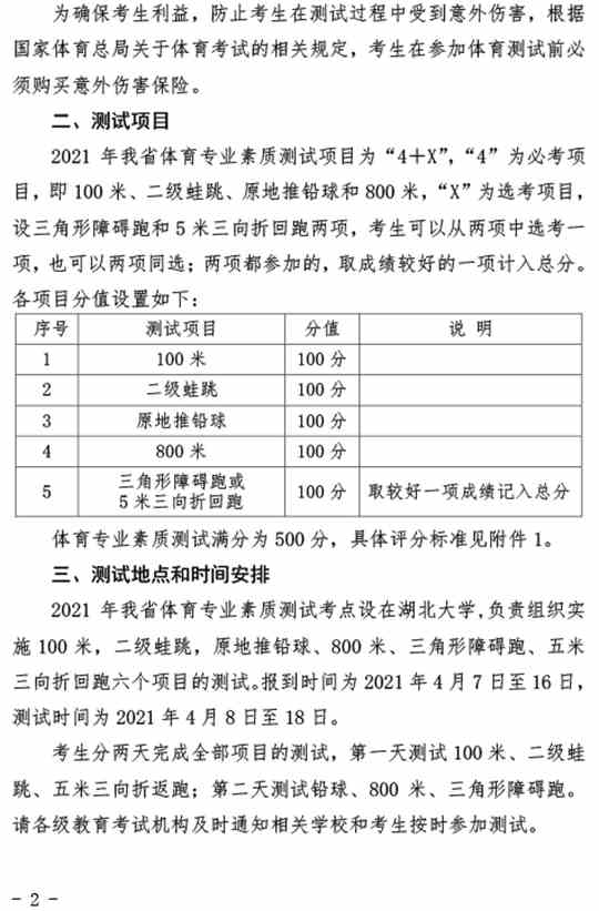 湖北：关于做好2021年普通高考体育专业素质测试工作的通知