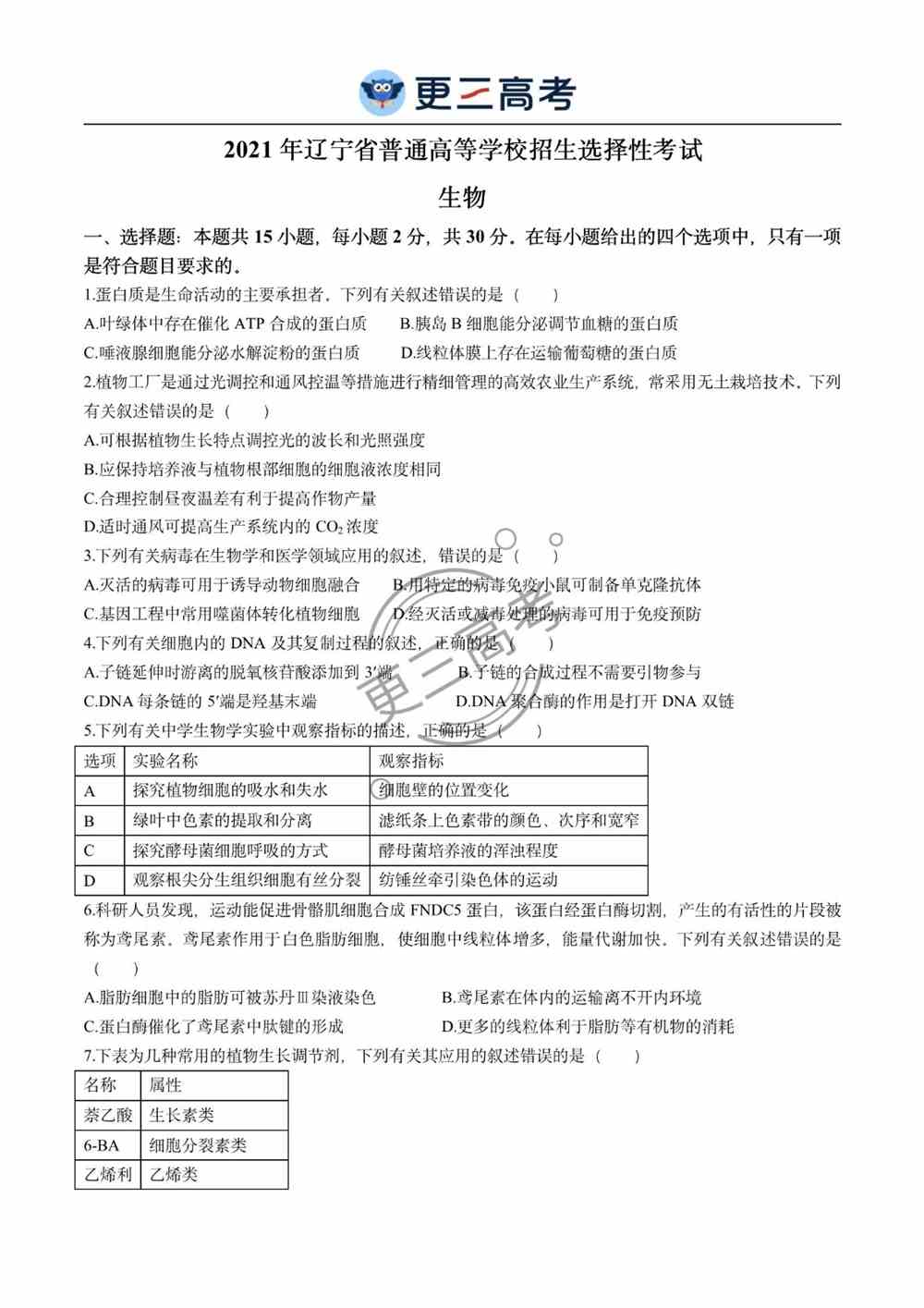 2021年辽宁<a href='/zhuanti/shengwu/'>高考生物</a>试卷｜辽宁2021年高考生物真题下载