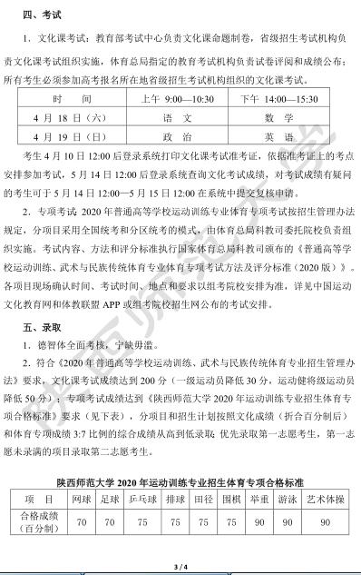 陕西师范大学2020年运动训练专业招生章程