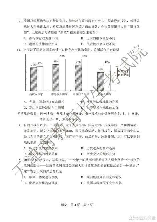 2020高考历史真题及参考答案(天津卷)