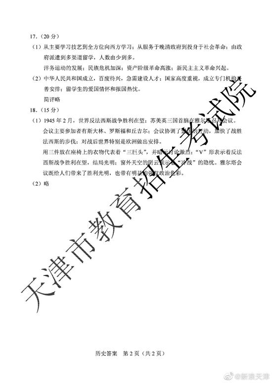 2020高考历史真题及参考答案(天津卷)