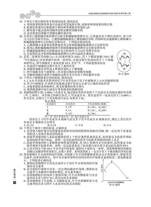 2020高考生物真题及参考答案(浙江卷)