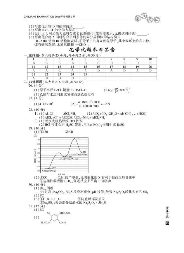 2020高考化学真题及参考答案(浙江卷)