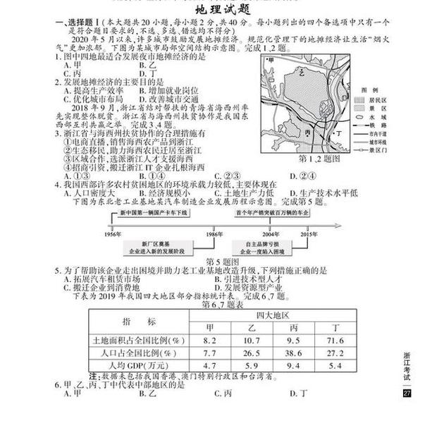 2020高考地理真题及参考答案(浙江卷)