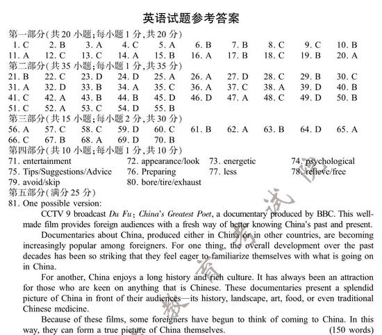 2020高考英语真题及参考答案(江苏卷)