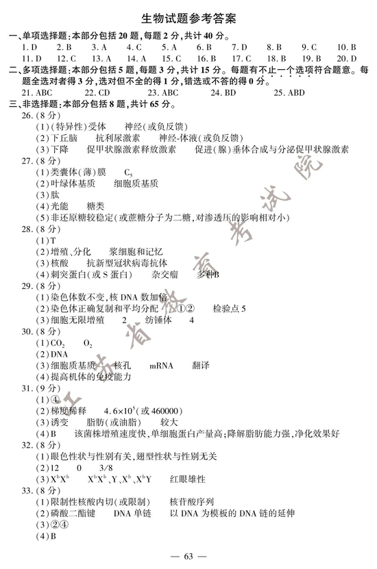 2020高考生物真题及参考答案（江苏卷）