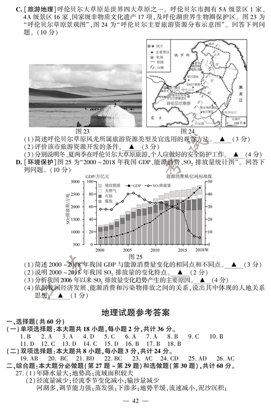 2020高考地理真题及参考答案（江苏卷）